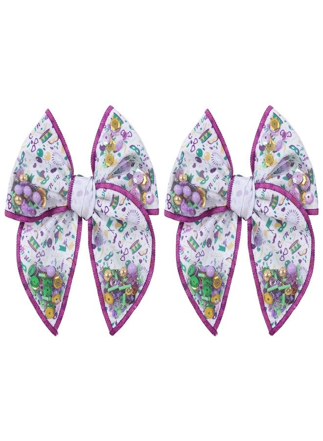 Miroksh Mardi Gras Hair Bow Gift for Girls Women 2pc 4" Mesh Tulle Fable Bow Alligator Clips for Teen Toddler Kids Fat Tuesday Circus Carnival Parade Party Costume outfit Decor Accessory - Image 1